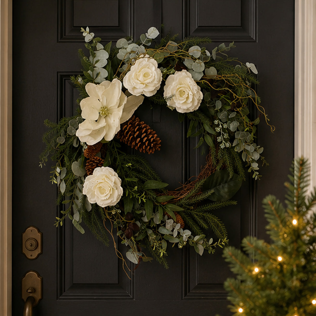 26in Mixed Greens Christmas Wreath with White Flowers & Pinecones