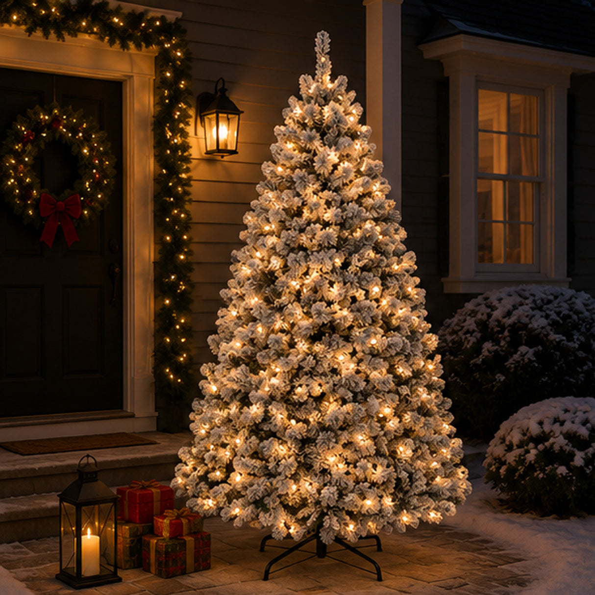 Pre Lit Snow Flocked Pine Christmas Tree with Warm White Lights