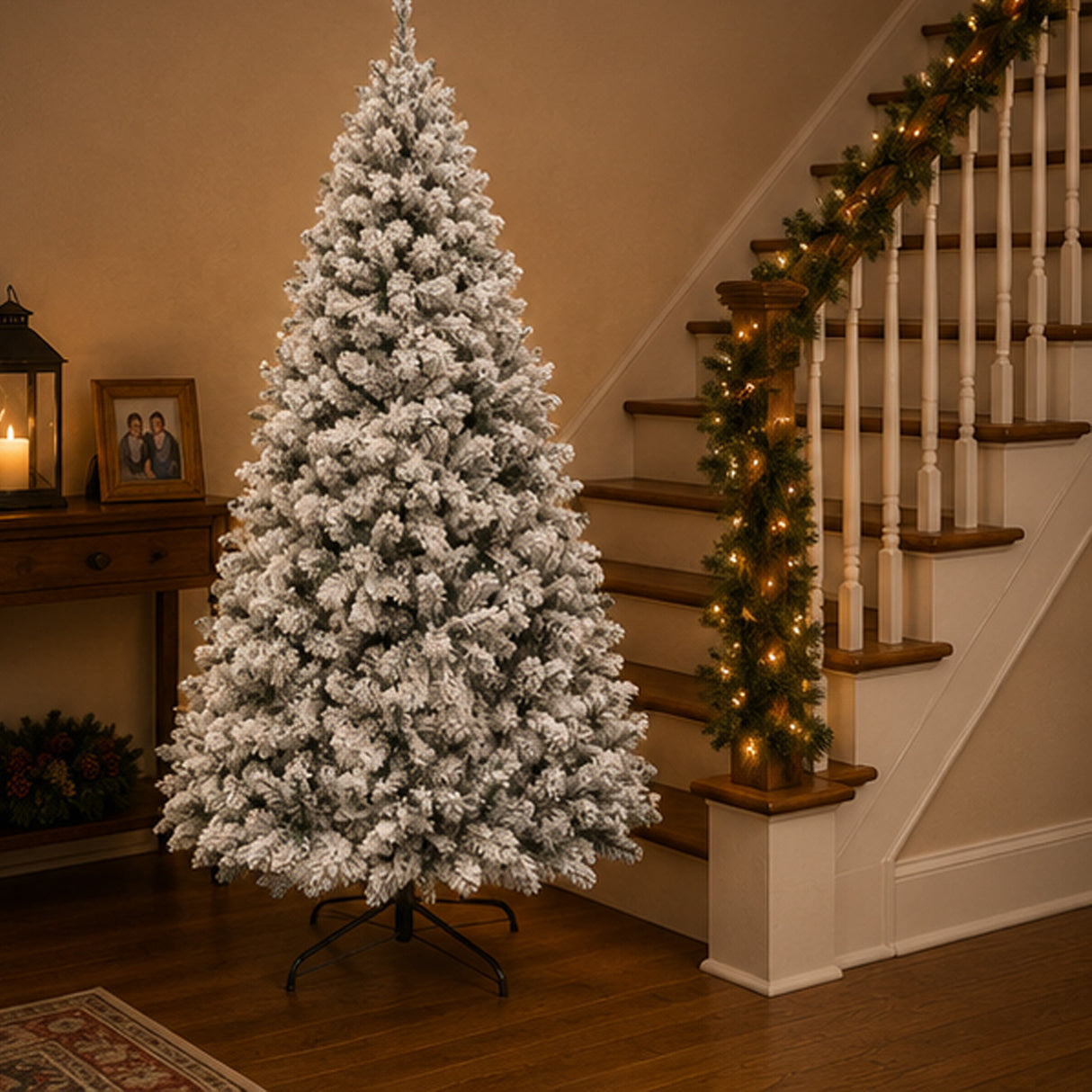 Snow Flocked Artificial Pine Christmas Tree with Foldable Metal Stand