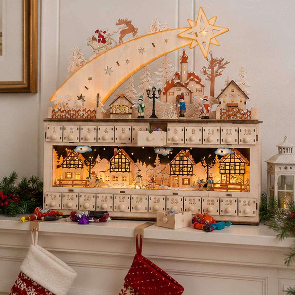 Wooden Christmas Shooting Star Advent Calendar with LED Light Background