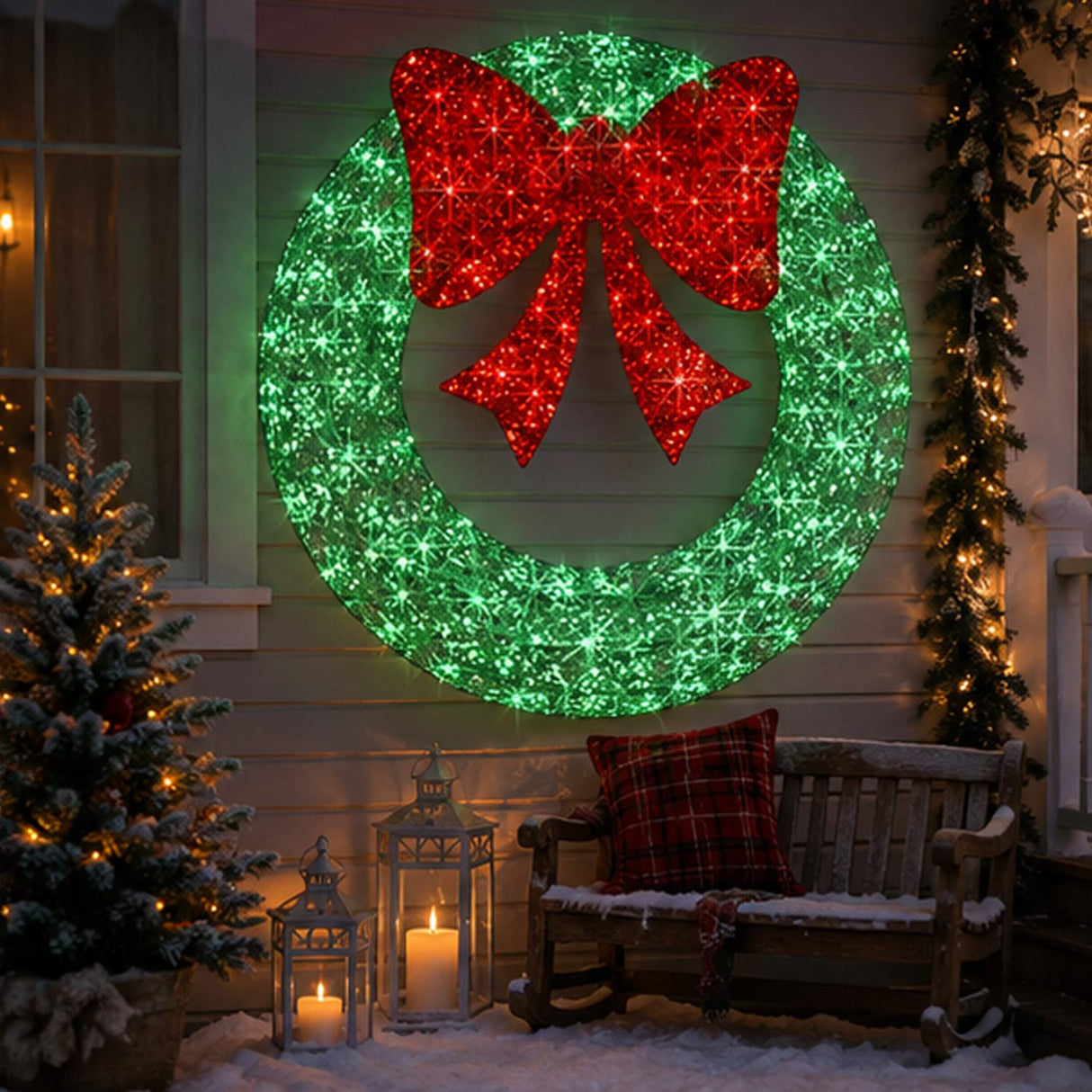 Pre Lit Outdoor Christmas Wreath with Bow LED Metal Holiday Decor 48 Inch