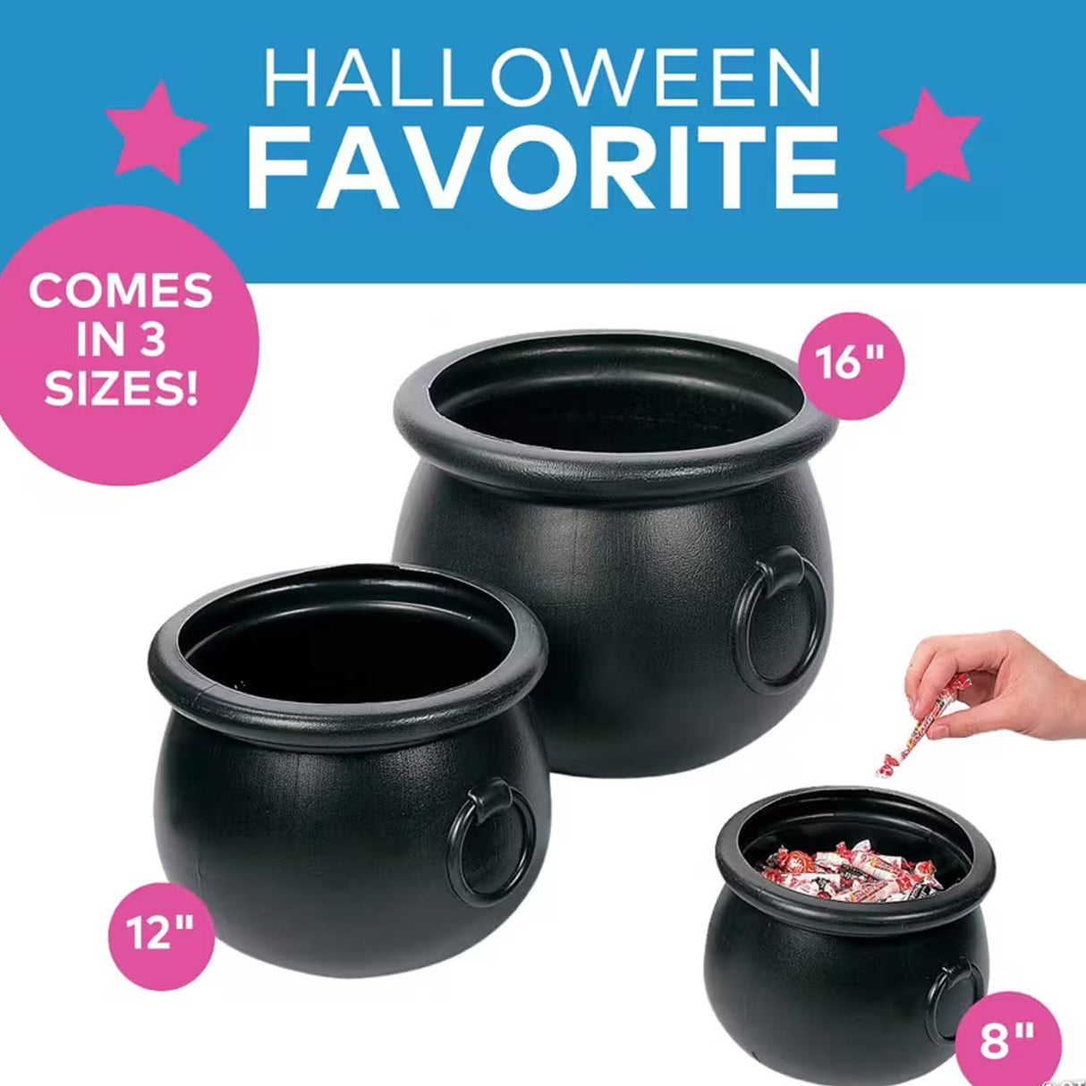 8"–16" Black Cauldrons Plastic Halloween Decorations – 3 Pc Set