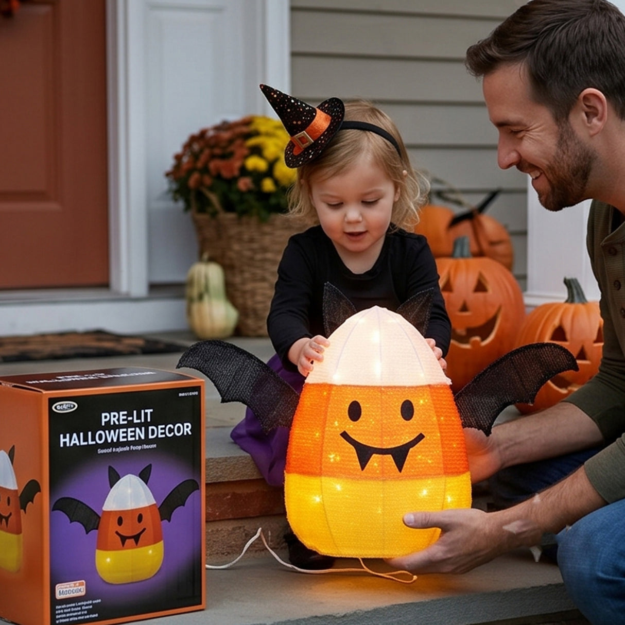 27 in. Halloween Candy Corn Bat Outdoor Lawn Decoration with LED Lights Plug-In