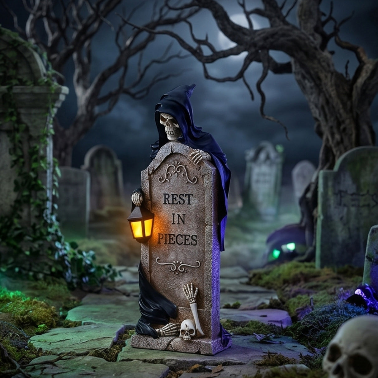 16 in. Halloween Skeleton Grim Reaper Standing with Gravestone Decoration