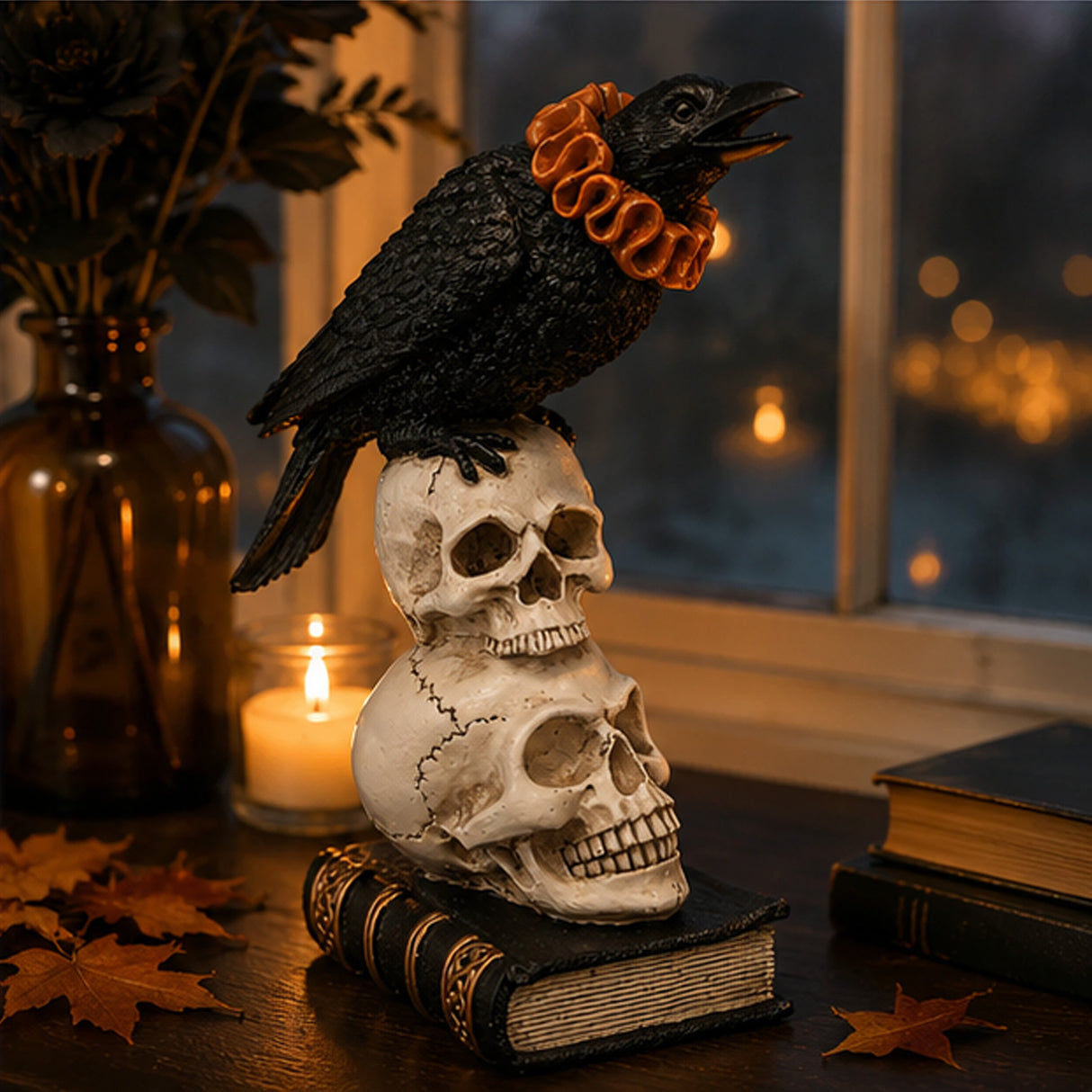 11IN Halloween Crow and Skulls Tabletop Decoration