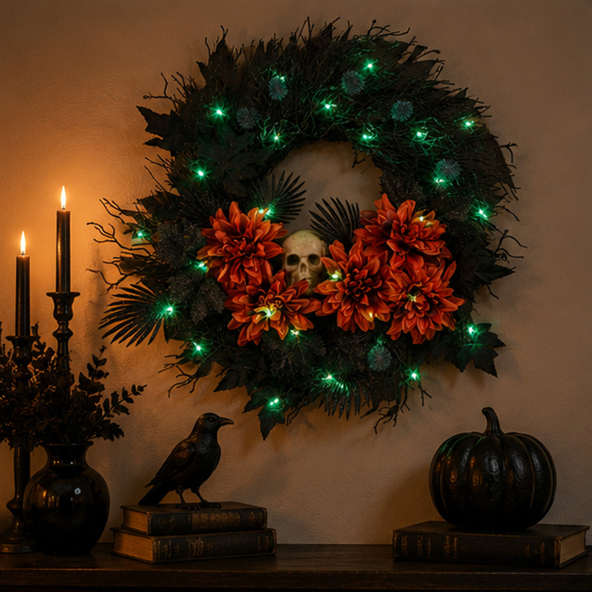 24IN Halloween Boo-tiful Wreath with Orange Florals, Skull & Green LED Lights