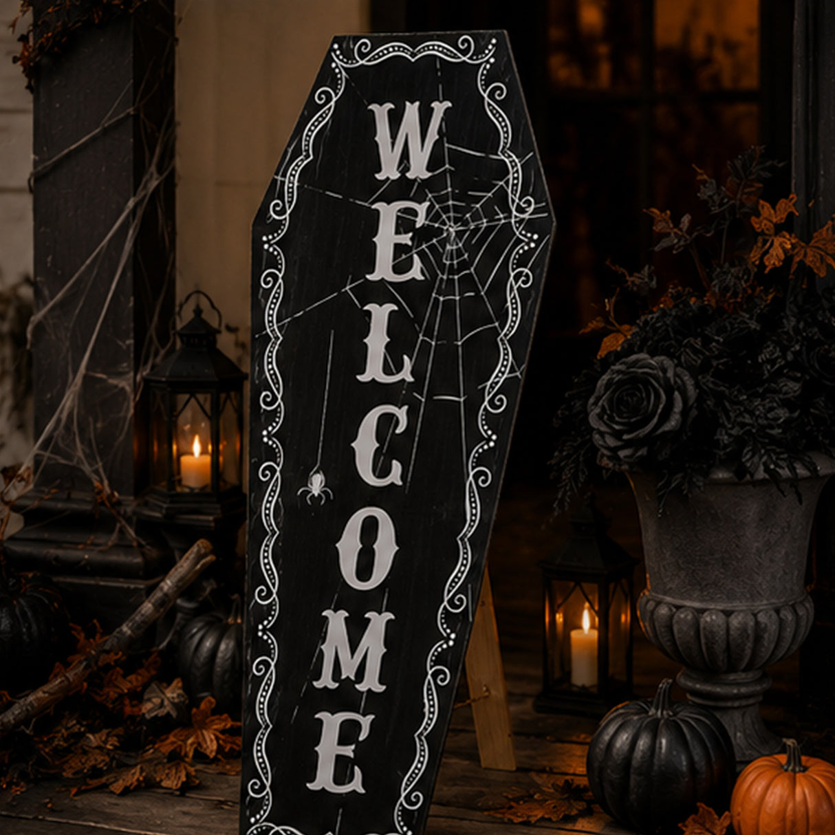 28 in. Halloween Black Coffin “Welcome” Standup Sign Decoration