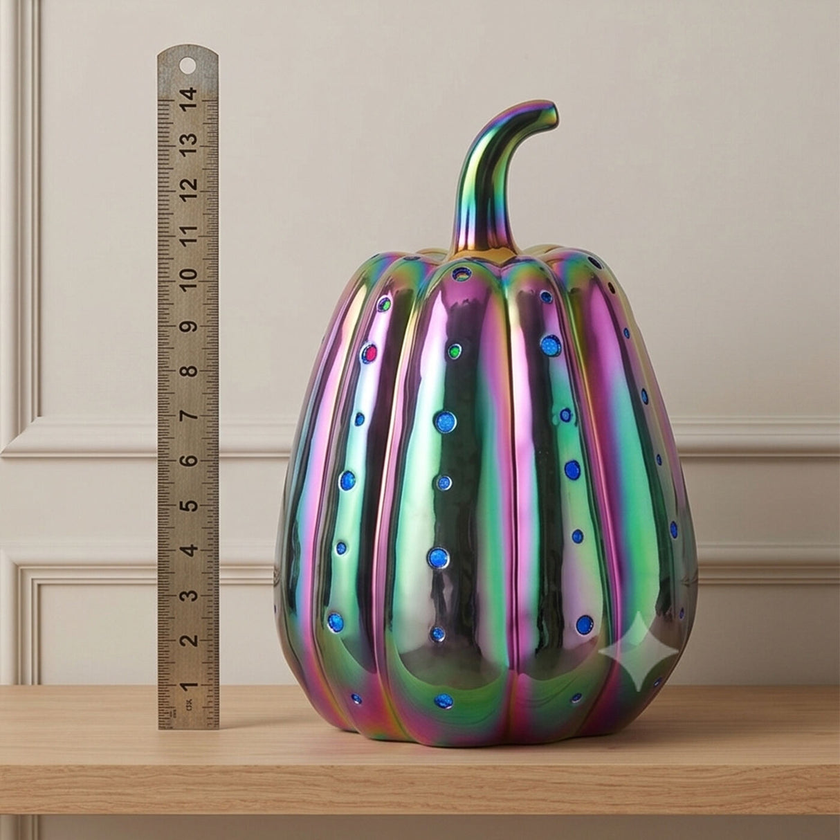 14 in Iridescent Purple Ceramic Pumpkin with Multi Color LED Lights