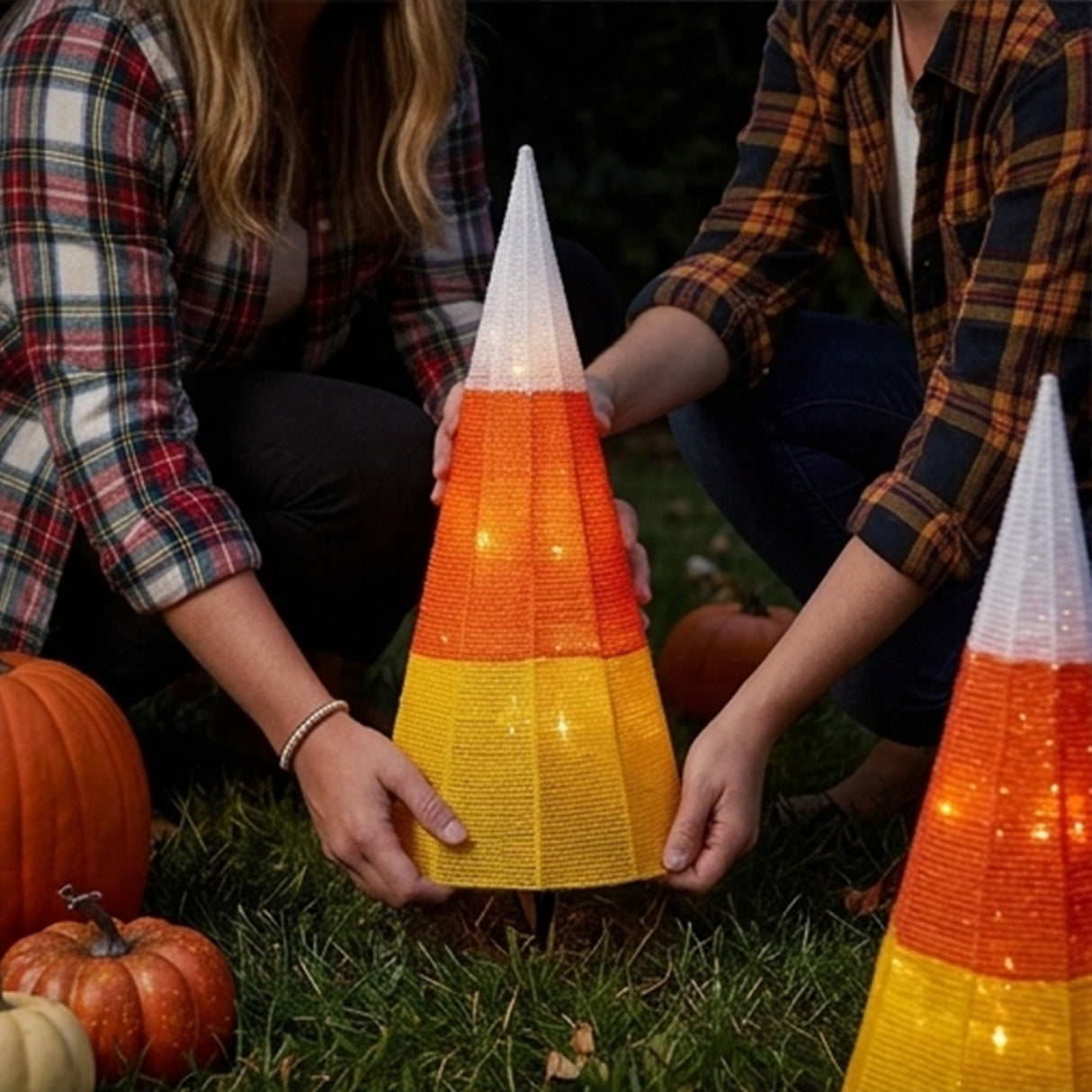 3 Piece Candy Corn Cone Halloween LED Yard Decoration Set Plug In