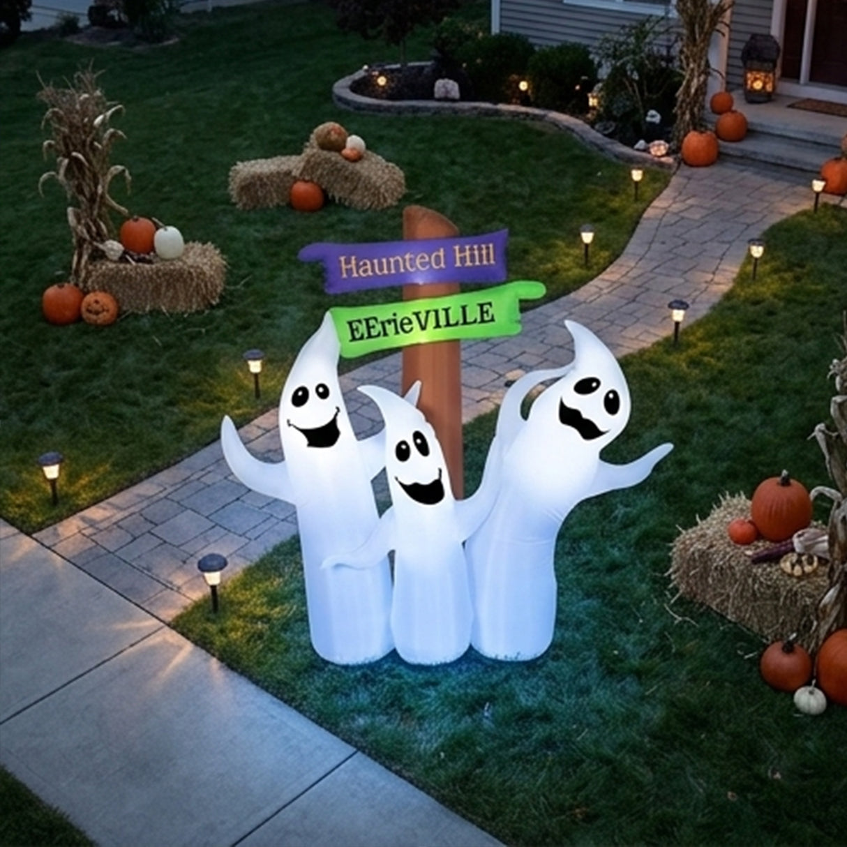 6 ft Halloween Ghost Trio Signpost Inflatable LED Yard Decoration Plug In