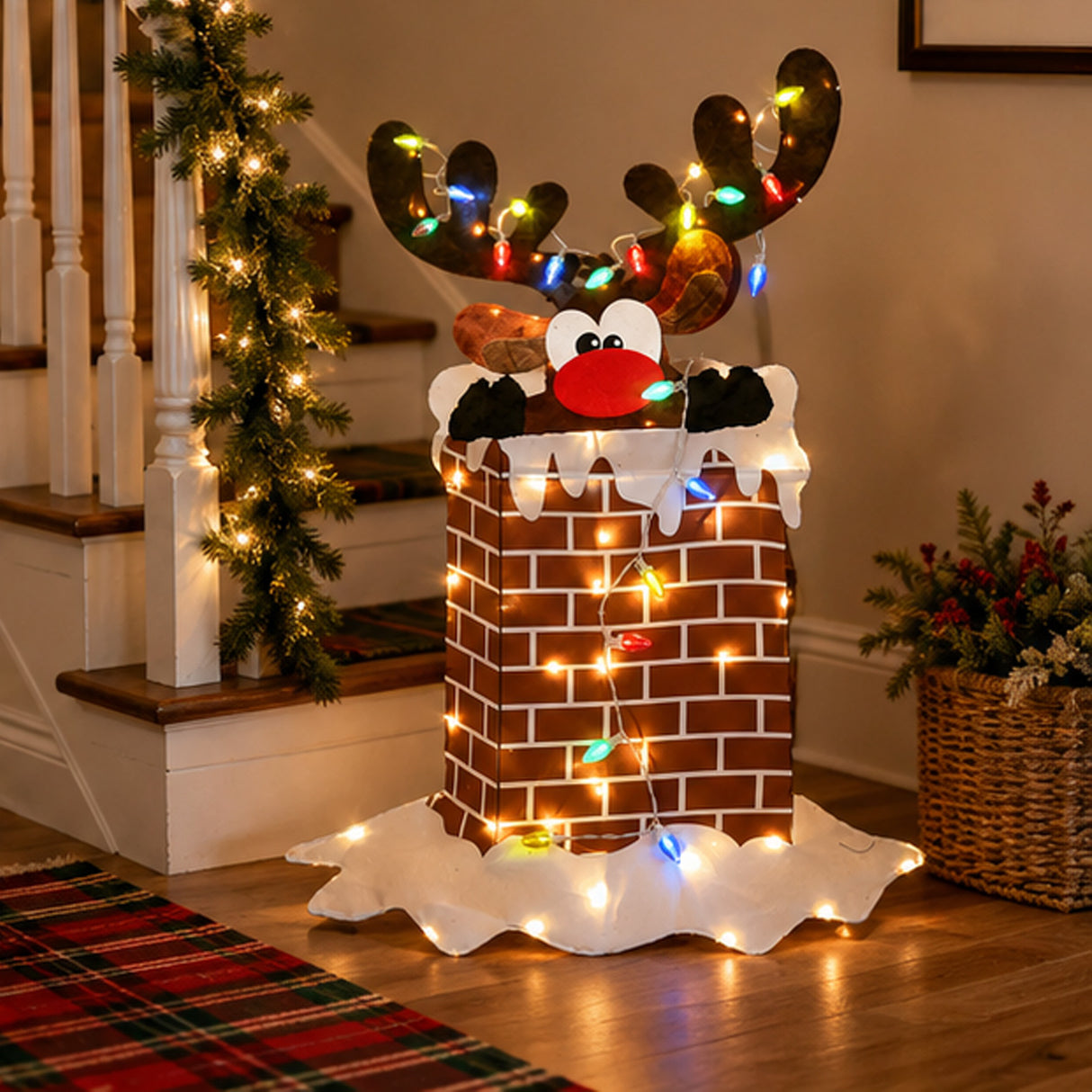 47IN Pre-Lit Reindeer in Chimney Christmas Decoration with Multicolor LED Lights