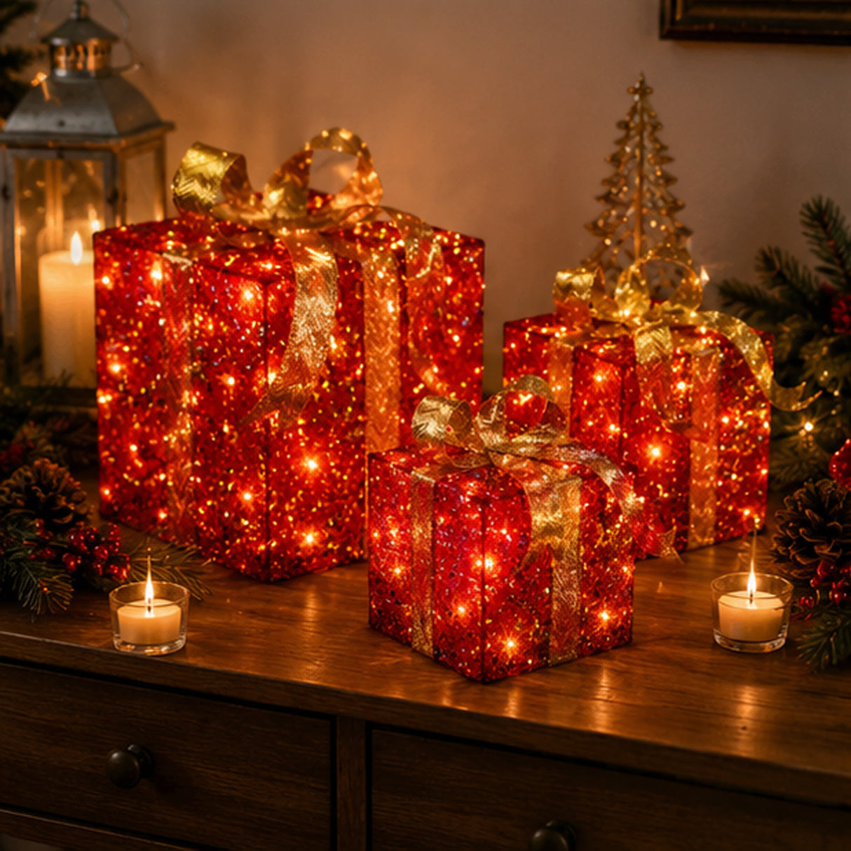 Pre-Lit Red Sparkle Christmas Gift Boxes Set of 3 with Gold Bows Plug-In Lights
