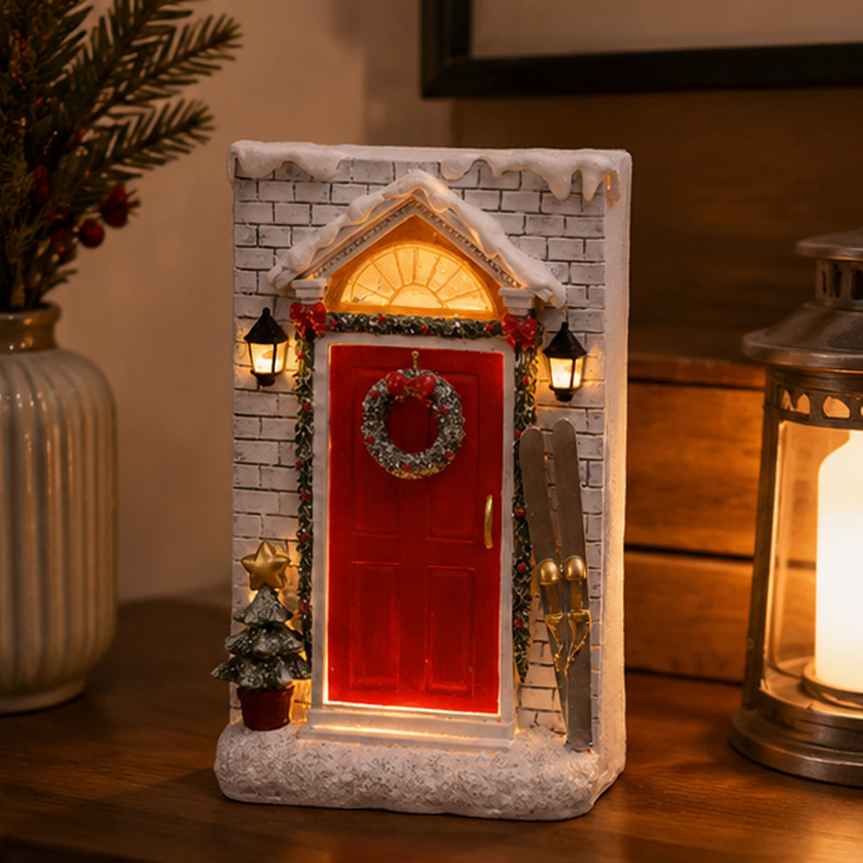 10IN Holiday Door Front Figurine with Warm White LED Lights Indoor Christmas Decor