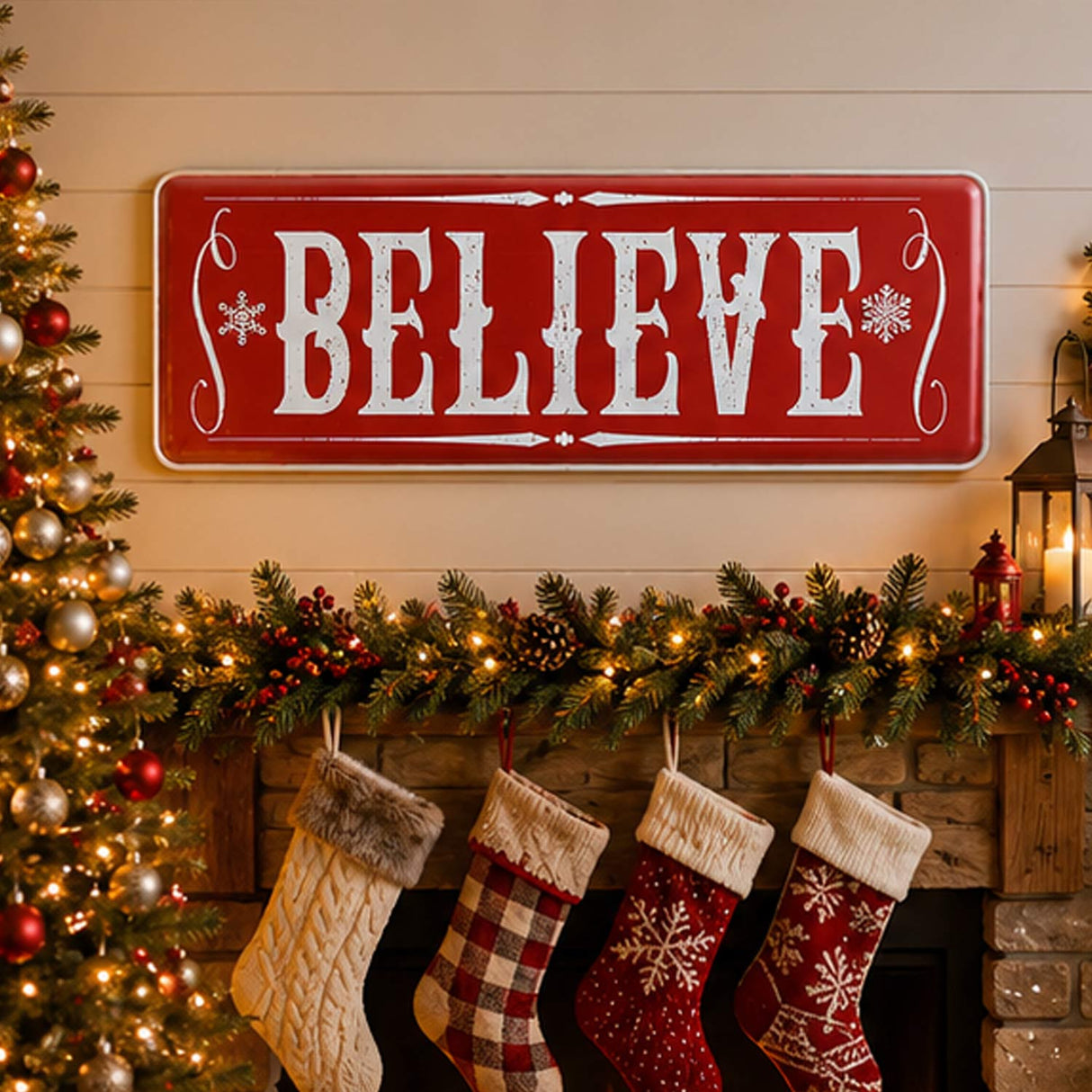 31IN Believe Horizontal Metal Holiday Wall Sign Red Vintage Snowflake Christmas Decor