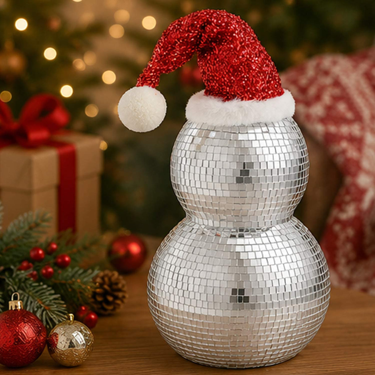 12IN Disco Snowman Figurine with Santa Hat Mirror Ball Christmas Tabletop Decor