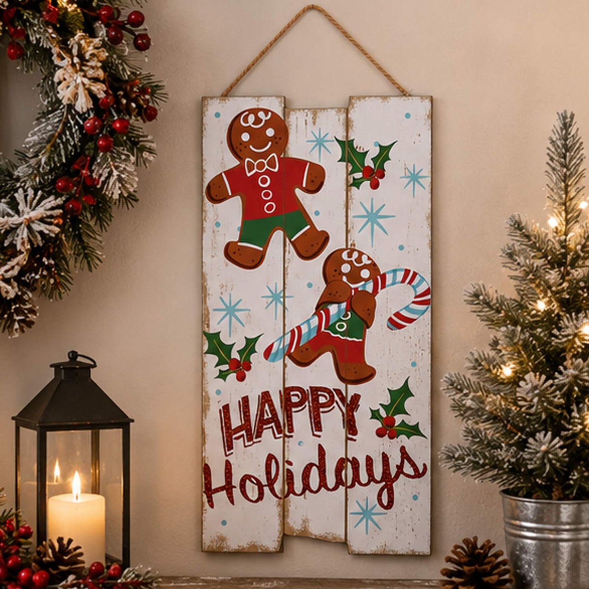 18IN Happy Holidays Gingerbread Wooden Wall Sign Picket Fence Christmas Wall Decor