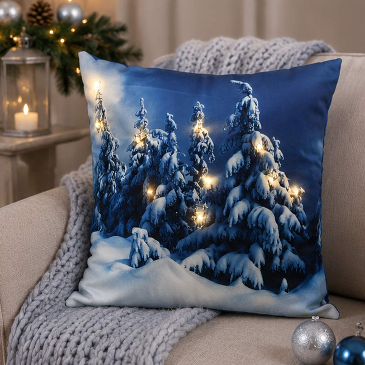 17IN Winter Scene Decorative Pillow with Warm White LED Lights Christmas Cushion