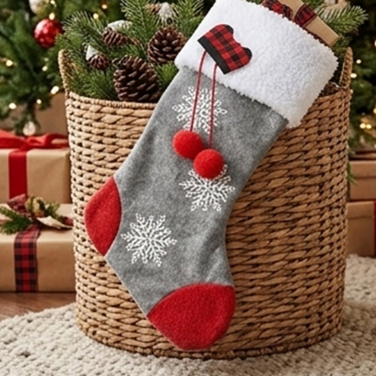18IN Gray Christmas Stocking with Snowflake Design