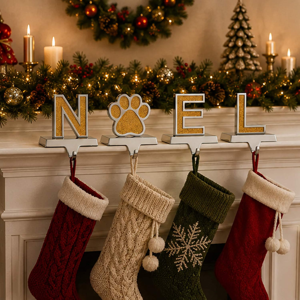 5IN 4-Piece Gold Sparkle NOEL Paw Print Stocking Holders