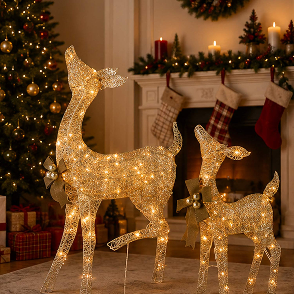 38IN & 28IN Pre-Lit Fawn and Doe Deer Decoration Set