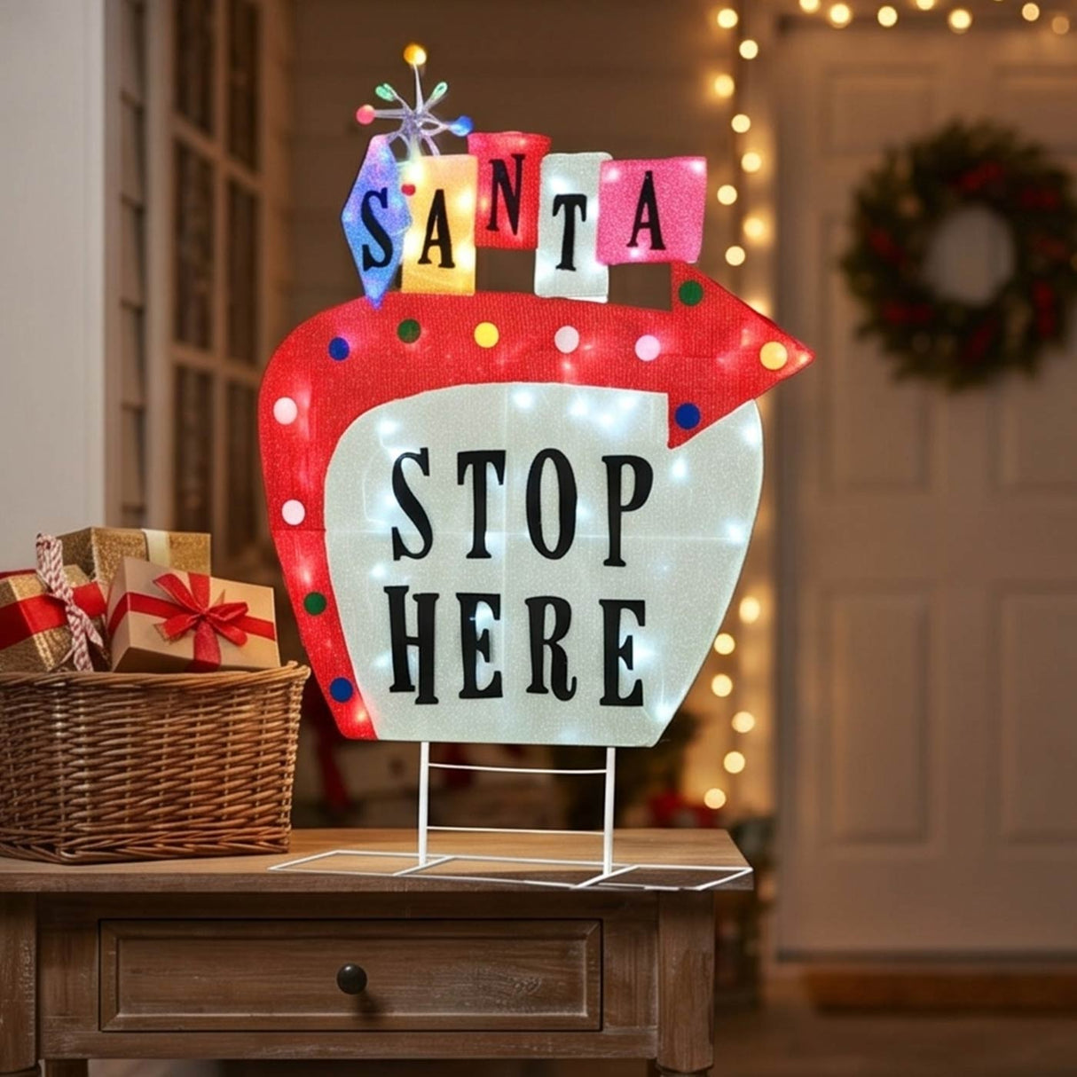 50IN Pre-Lit Vintage Vegas Santa Stop Here Sign LED Christmas Decor