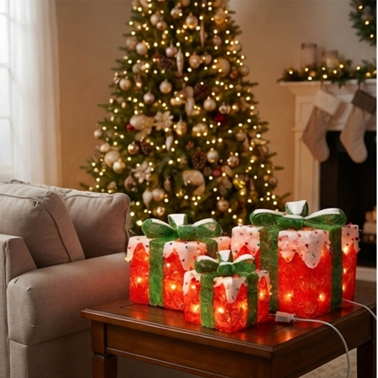 Pre-Lit Red and White Christmas Gift Boxes Set of 3 with White Lights
