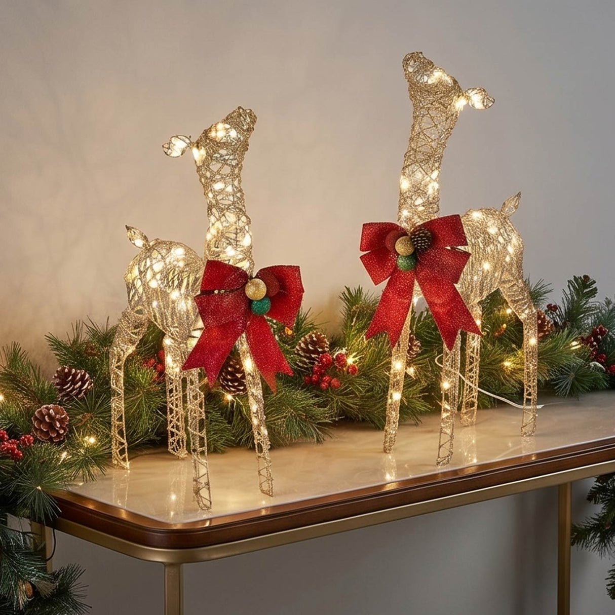 Champagne Glitter Deer Family 3-Piece with Warm White LED Lights