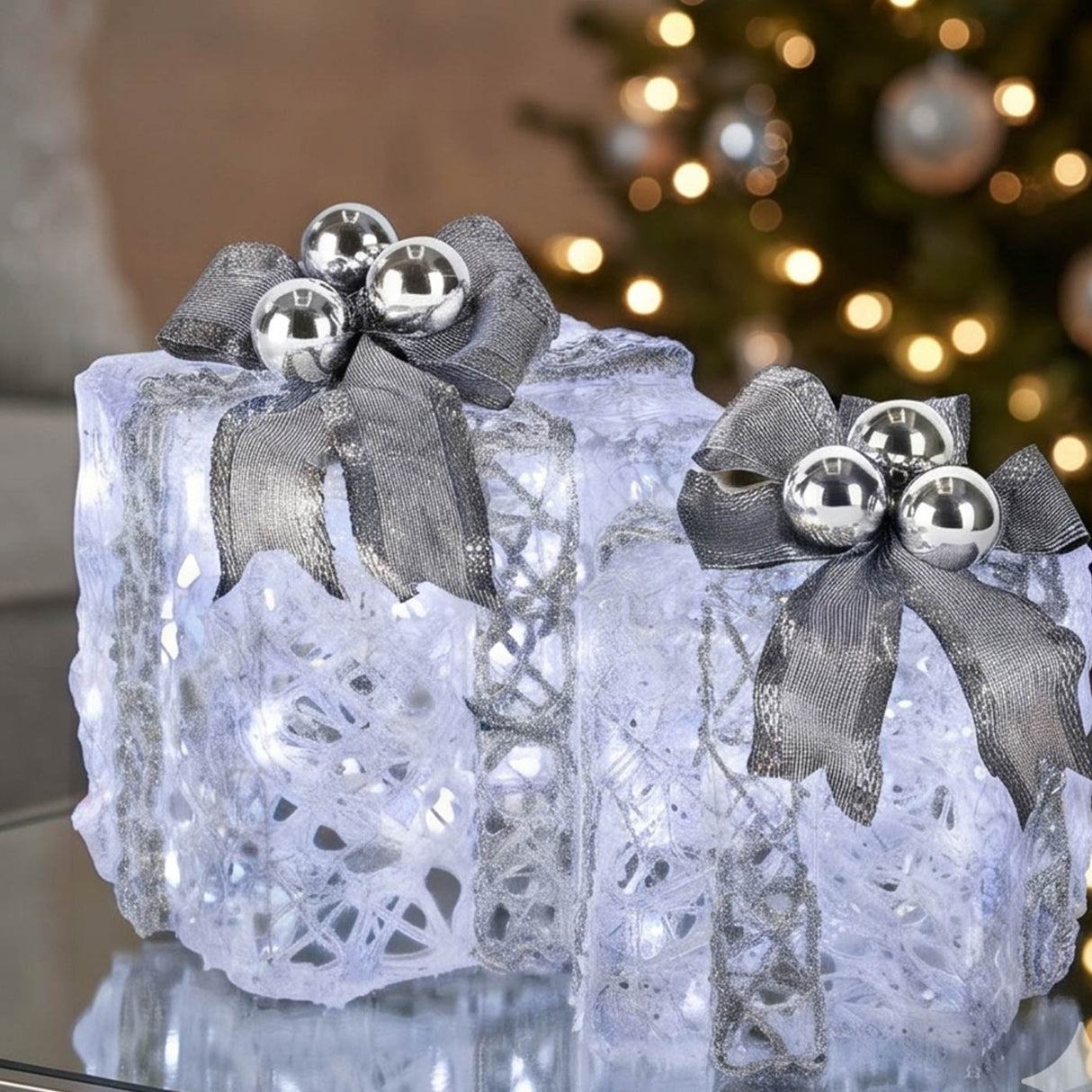 Pre Lit White Gift Box Set with Silver Bow LED Decoration