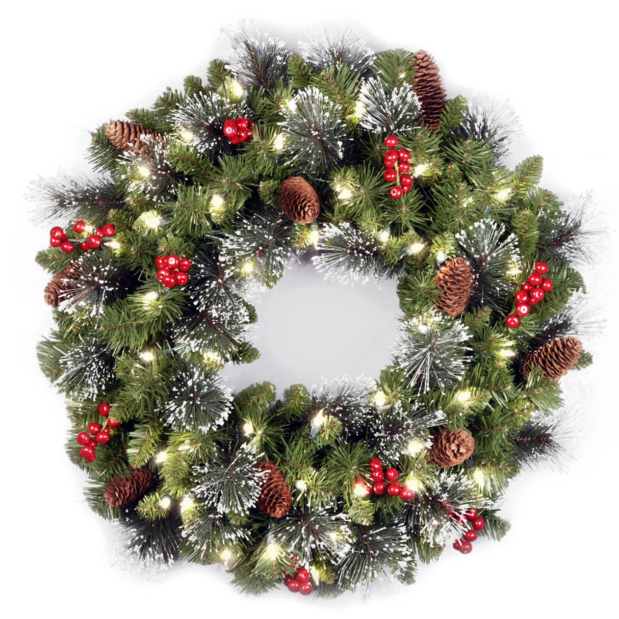 Pre-Lit 24 in. Crestwood Spruce Christmas Wreath with Warm White LED Lights, Battery Operated Timer Door Decoration