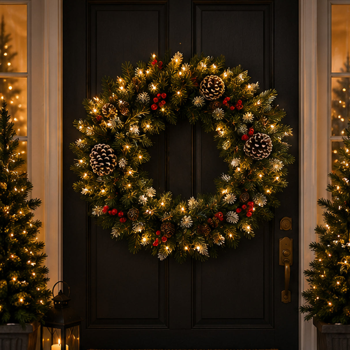 Pre-Lit 24 in. Frosted Berry Christmas Wreath with Clear Lights, Plug-In Holiday Door Decoration