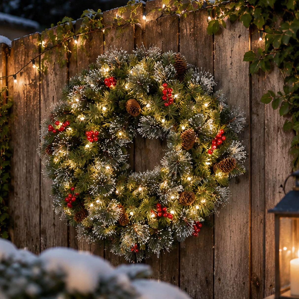 Pre-Lit 24 in. Crestwood Spruce Christmas Wreath with Warm White LED Lights, Battery Operated Timer Door Decoration
