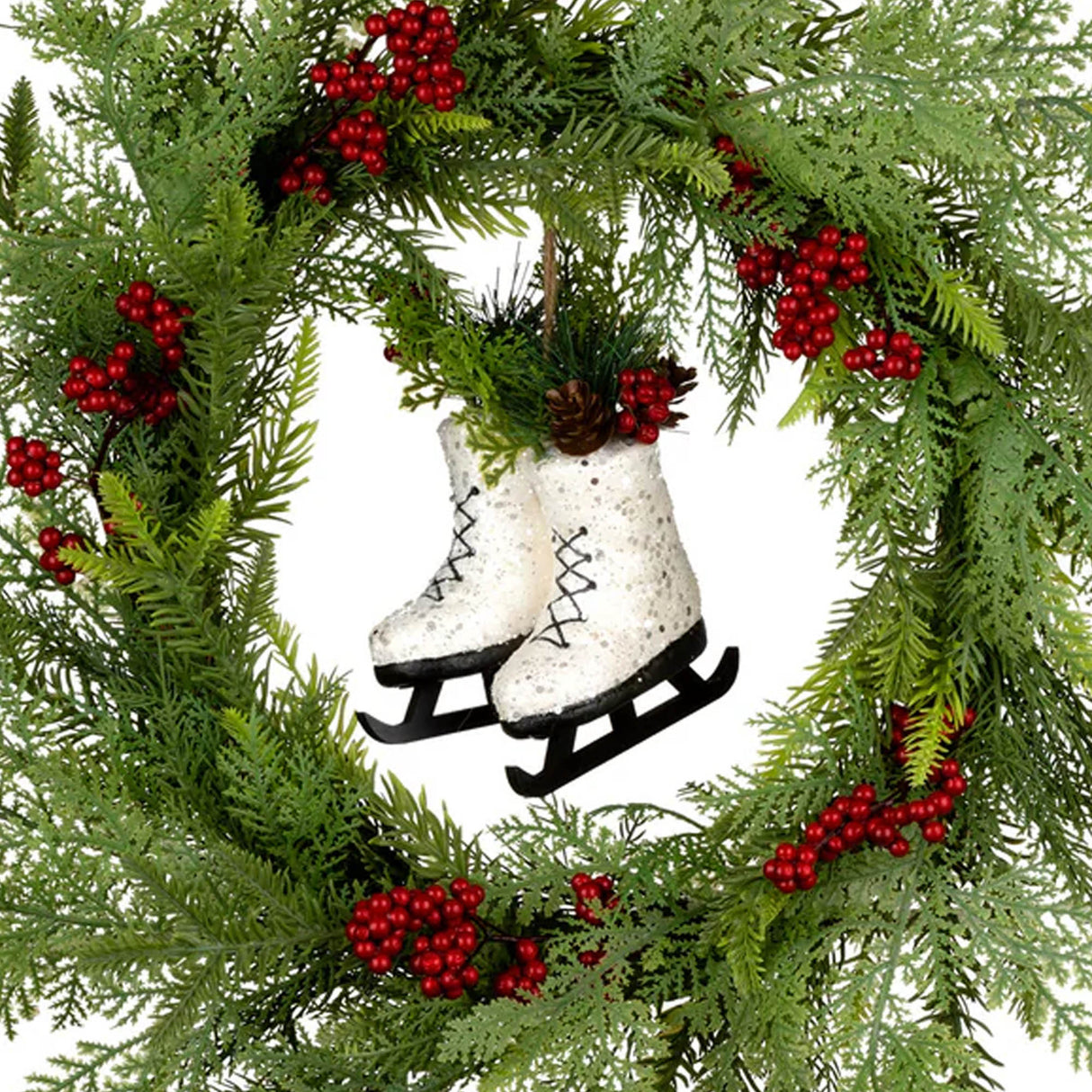 22IN Winter Skates Christmas Wreath with Red Berries