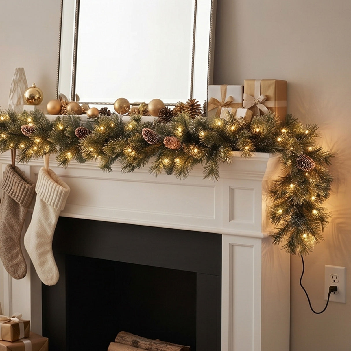 9FT Pre-Lit Glittery Pine Garland with Clear Lights