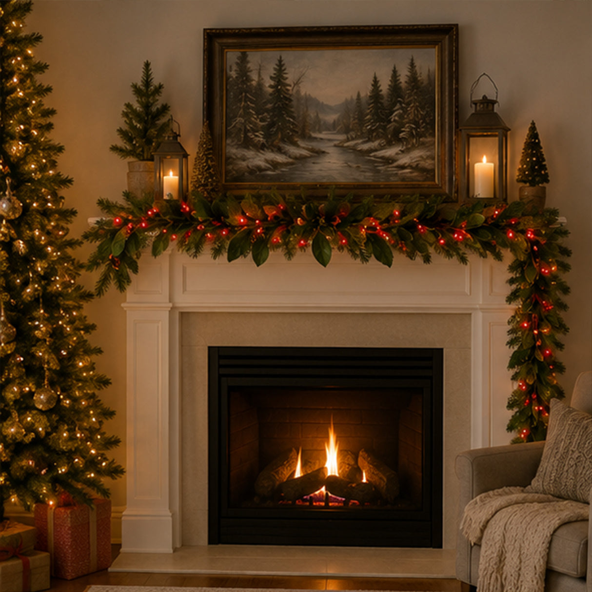 Pre-Lit Magnolia Mix Pine Garland with Red LED Lights, 9 Foot