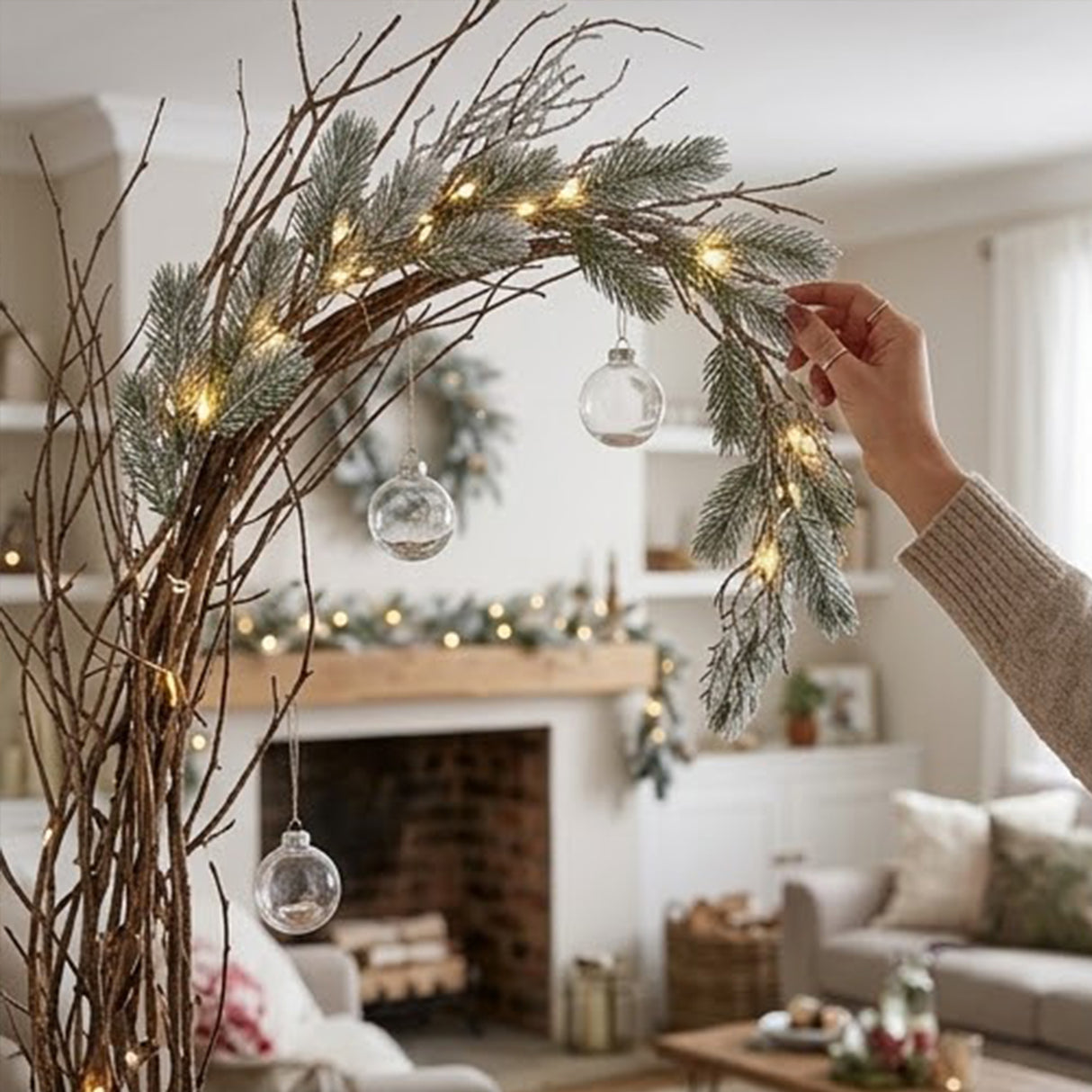 Pre-Lit Snowy Twig Garland with Warm White LED Rice Lights, 9 Foot