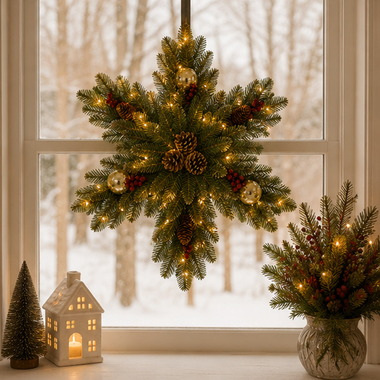 Pre-Lit Glittery Gold Dunhill Fir Snowflake with Warm White LED Lights, 32 Inch