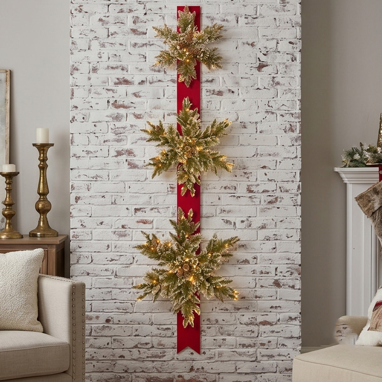 Pre-Lit Glittery Bristle Pine Snowflake Door Decoration with Warm White LED Lights, 70 Inch