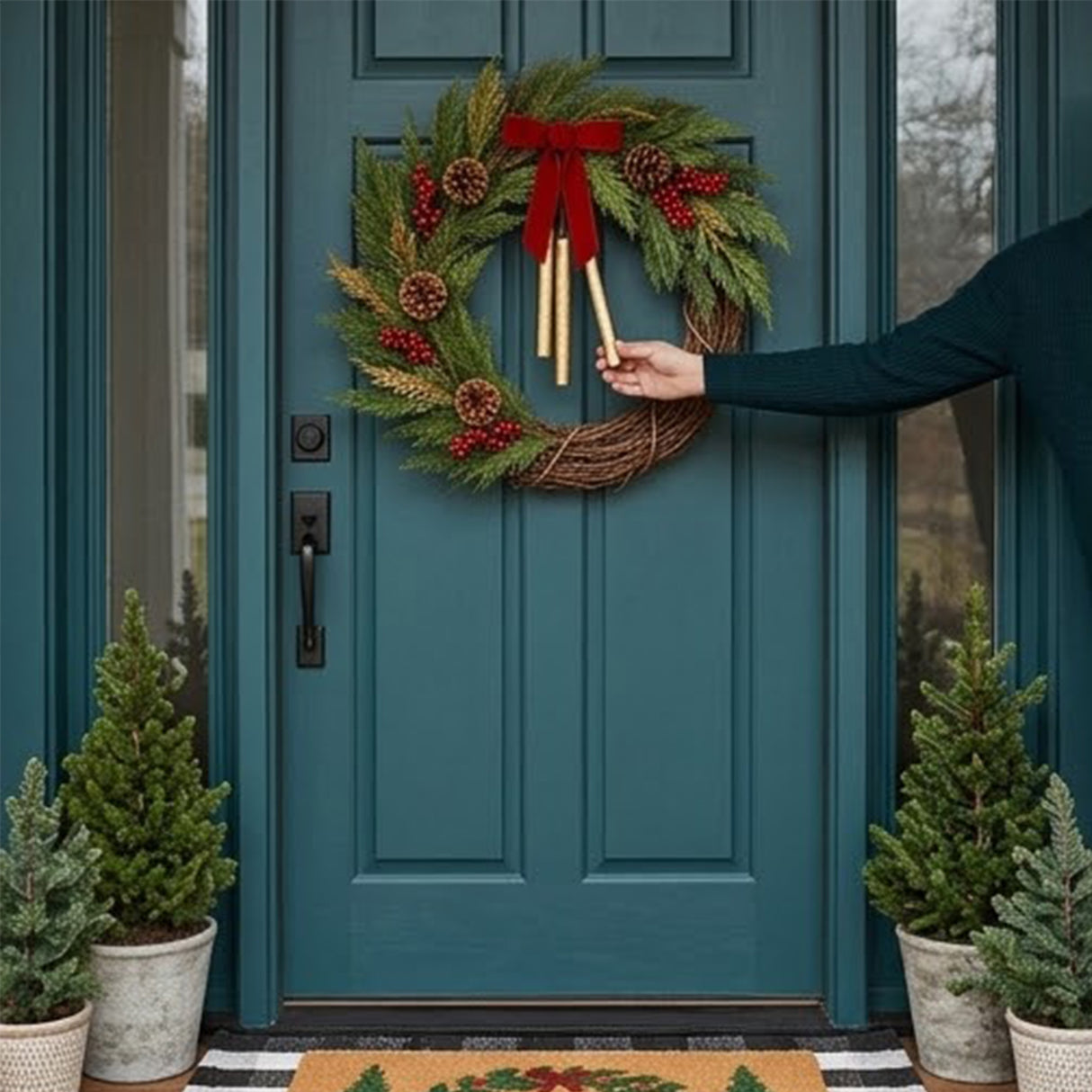 Christmas Joy Chimes Wreath with Red Berries, 24 Inch Holiday Door Decor