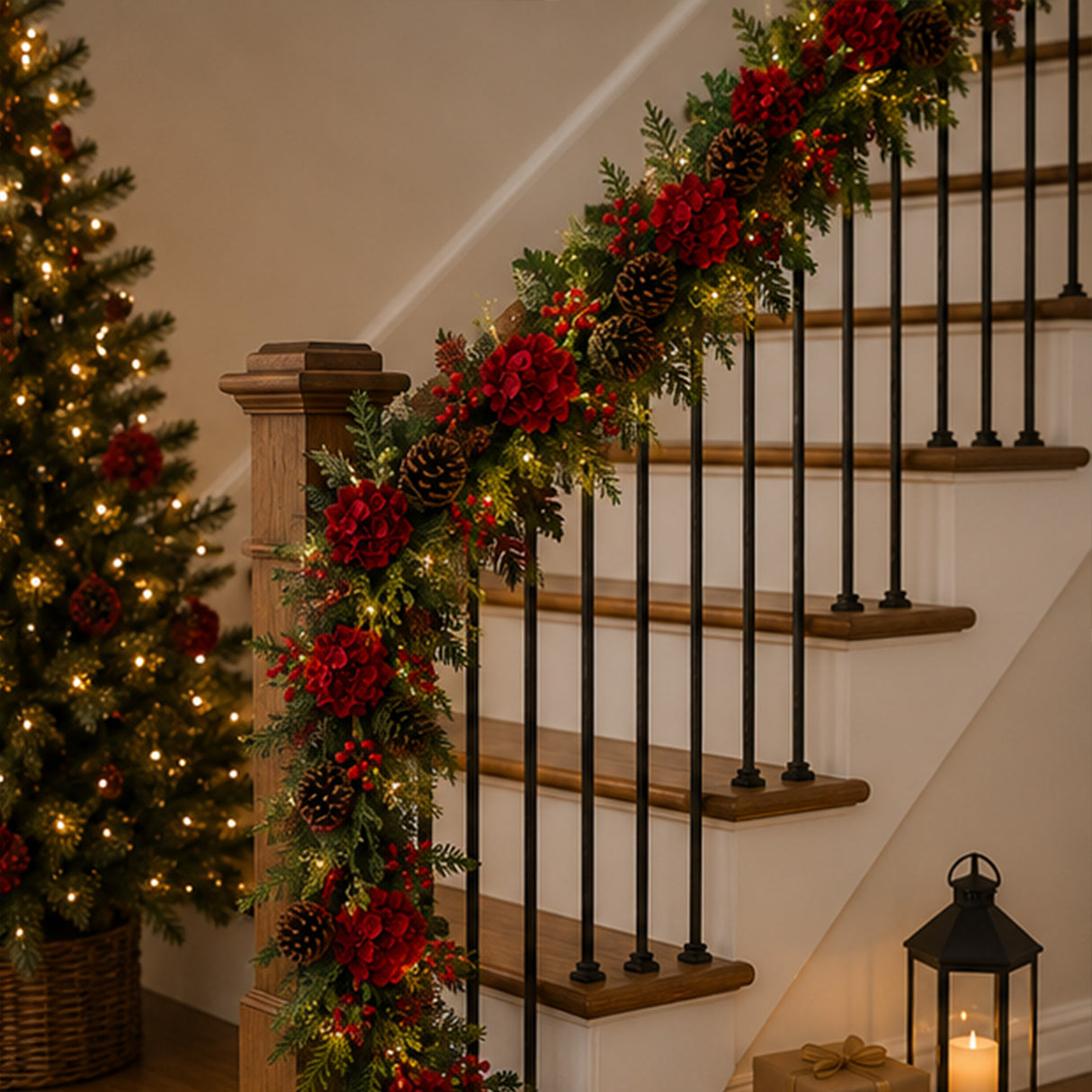 Pre-Lit Vienna Waltz Christmas Garland with LED Lights & Red Hydrangea, 9 Foot