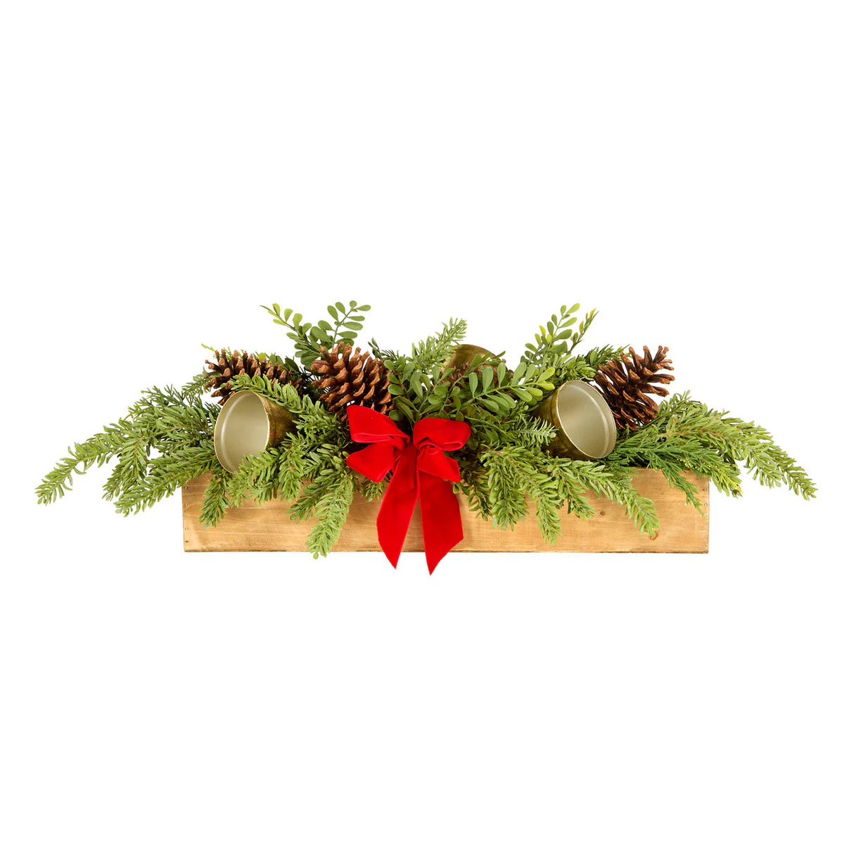 Christmas Bells Pine Centerpiece with Gold Bells & Red Bow, 27 Inch Table Decor