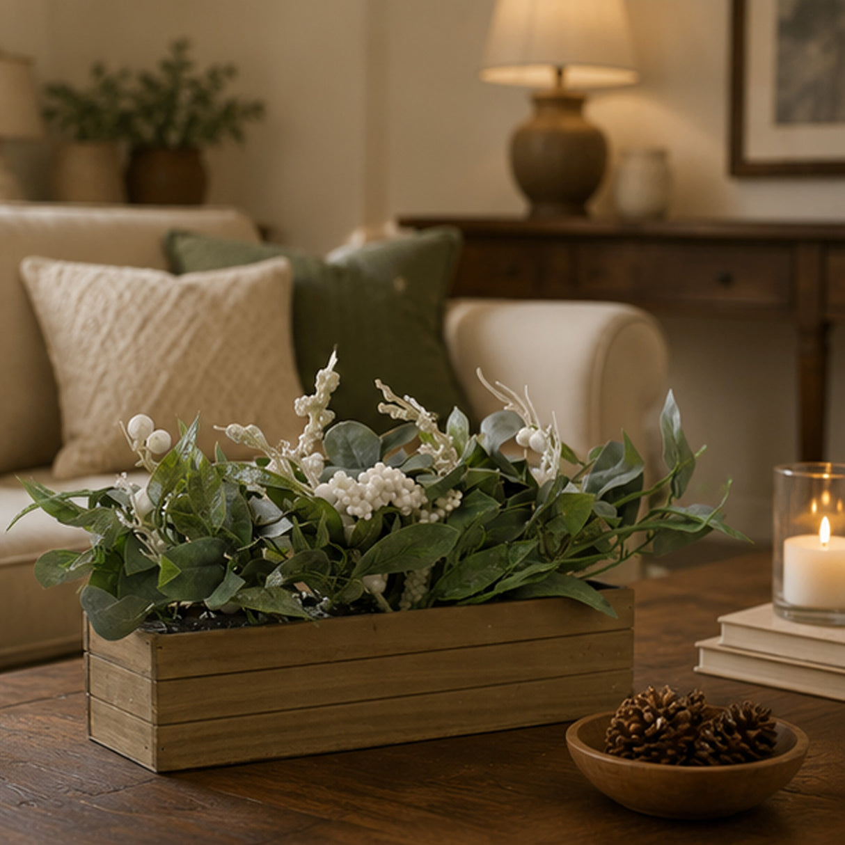 22in Christmas Greenery Planter Box with White Berry Centerpiece