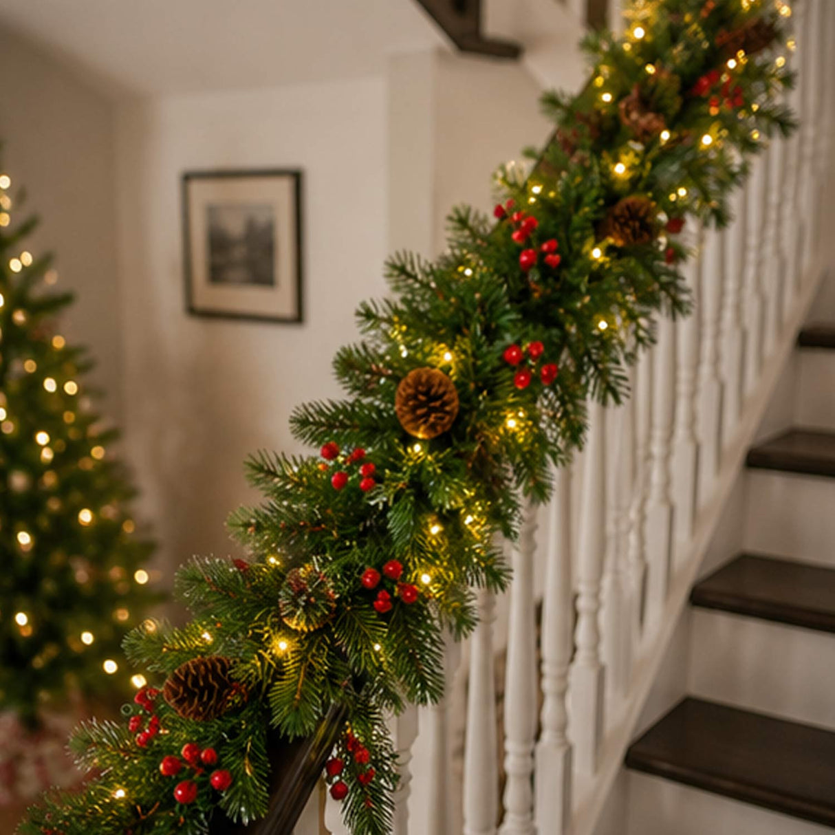 9Ft Pre Lit Christmas Garland with 2-in-1 LED Lights Pinecone Berry Decor