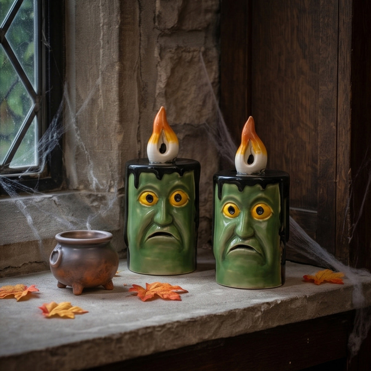 6 in. 2-Piece Halloween Frankenstein Porcelain Candle with Multicolor LED Lights