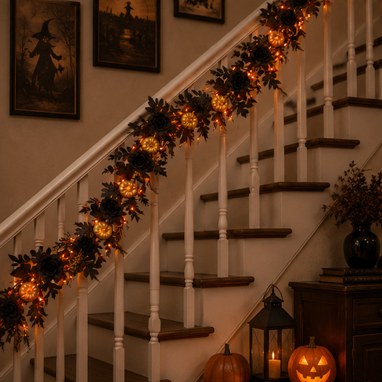 6FT Black & Gold Halloween Garland with 50 Orange LED Lights