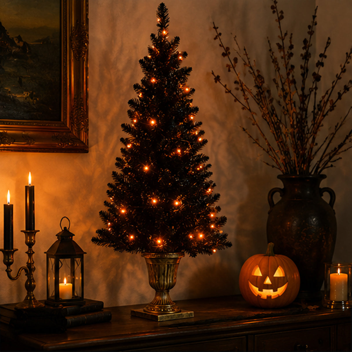 4 ft. Black Entrance Tree with String of Orange Lights Plug-In