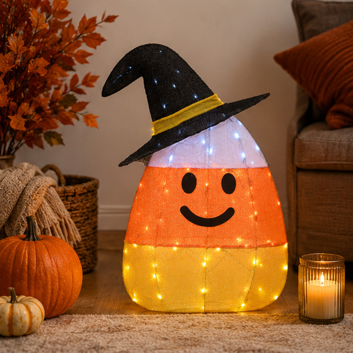 Halloween Pre-Lit Candy Corn Witch Outdoor Decoration with LED Lights (Plug-In)