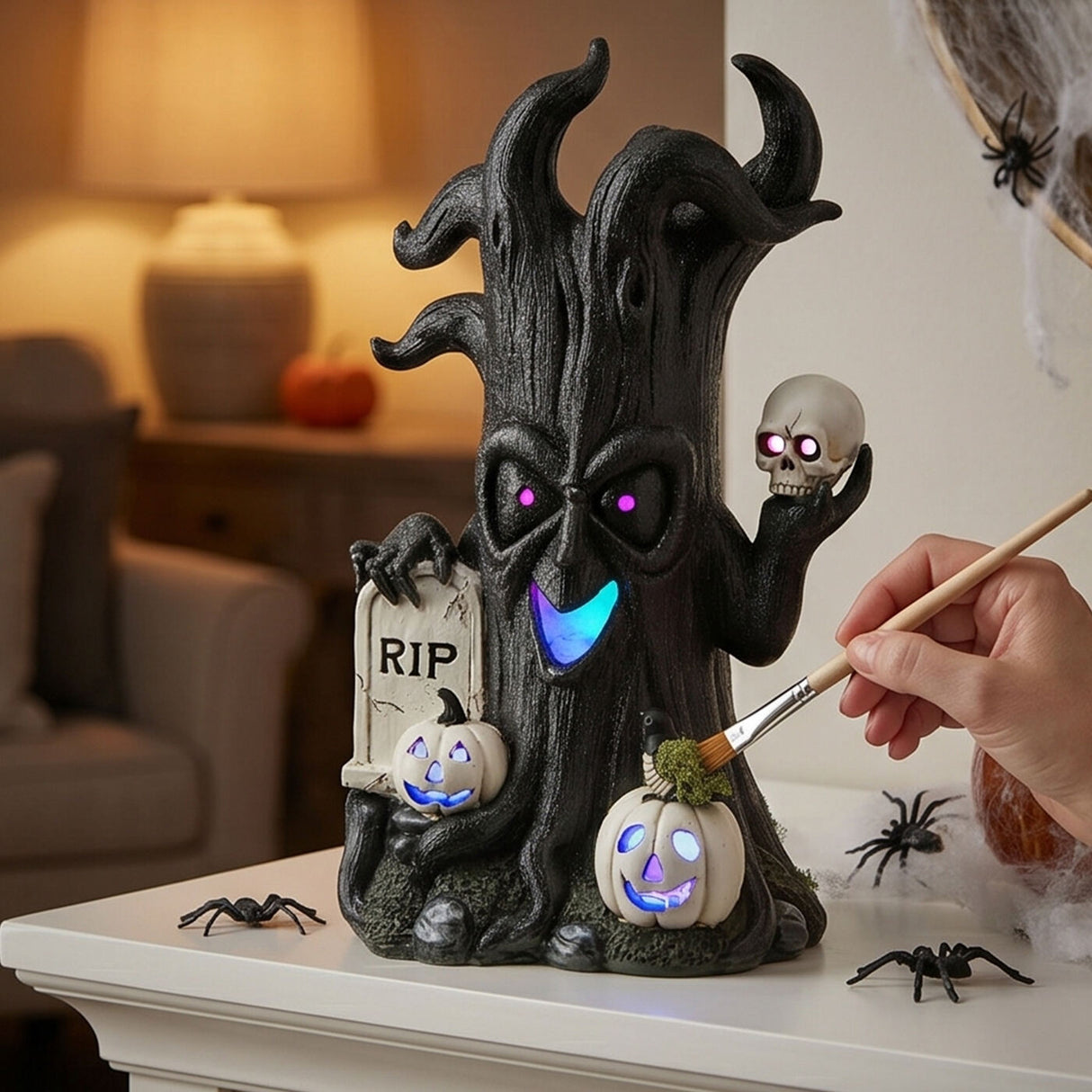 15 in. Halloween Tree Holding Skull and RIP Tombstone with LED Lights