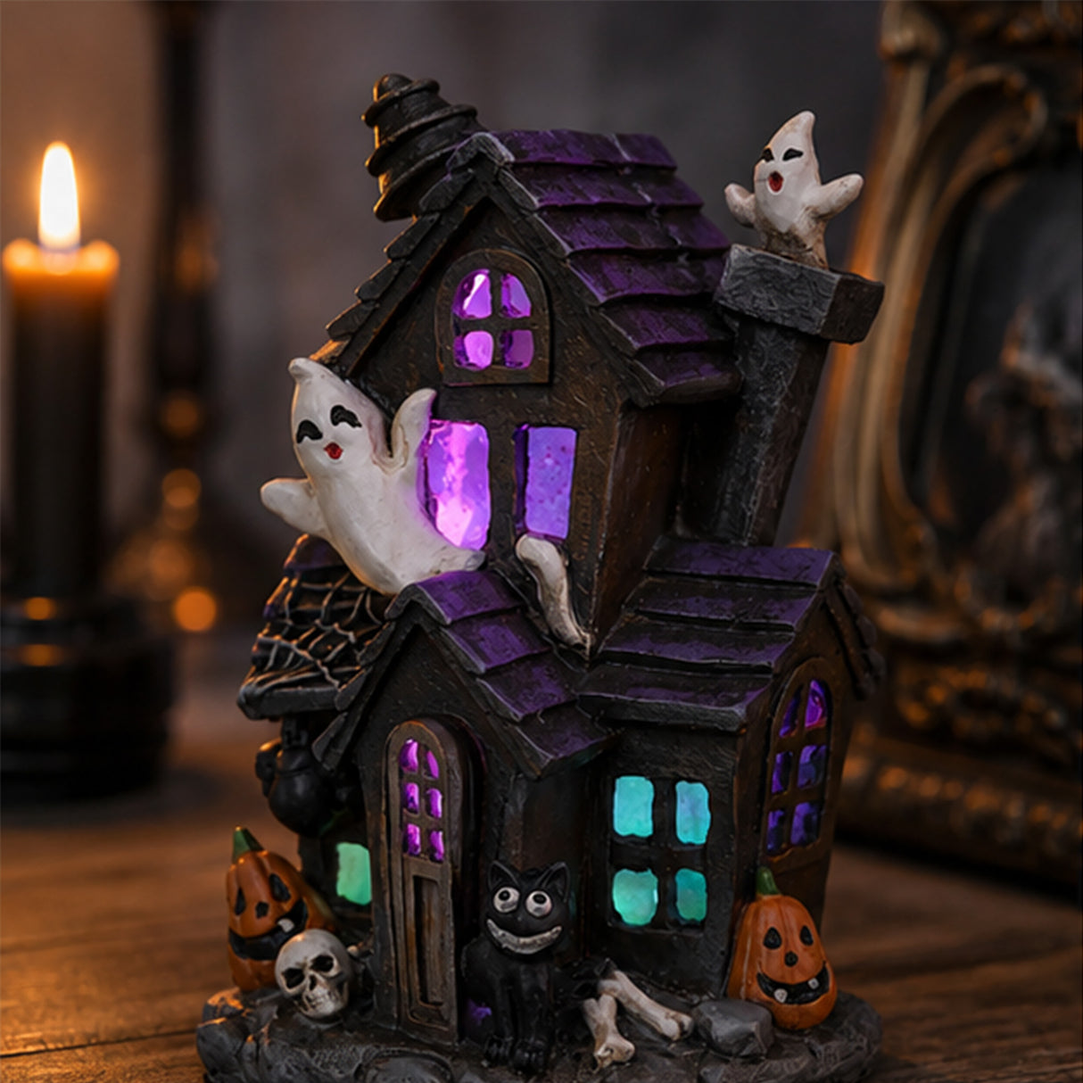 6 in. Halloween Pre-Lit Black Haunted House Decoration with LED Lights