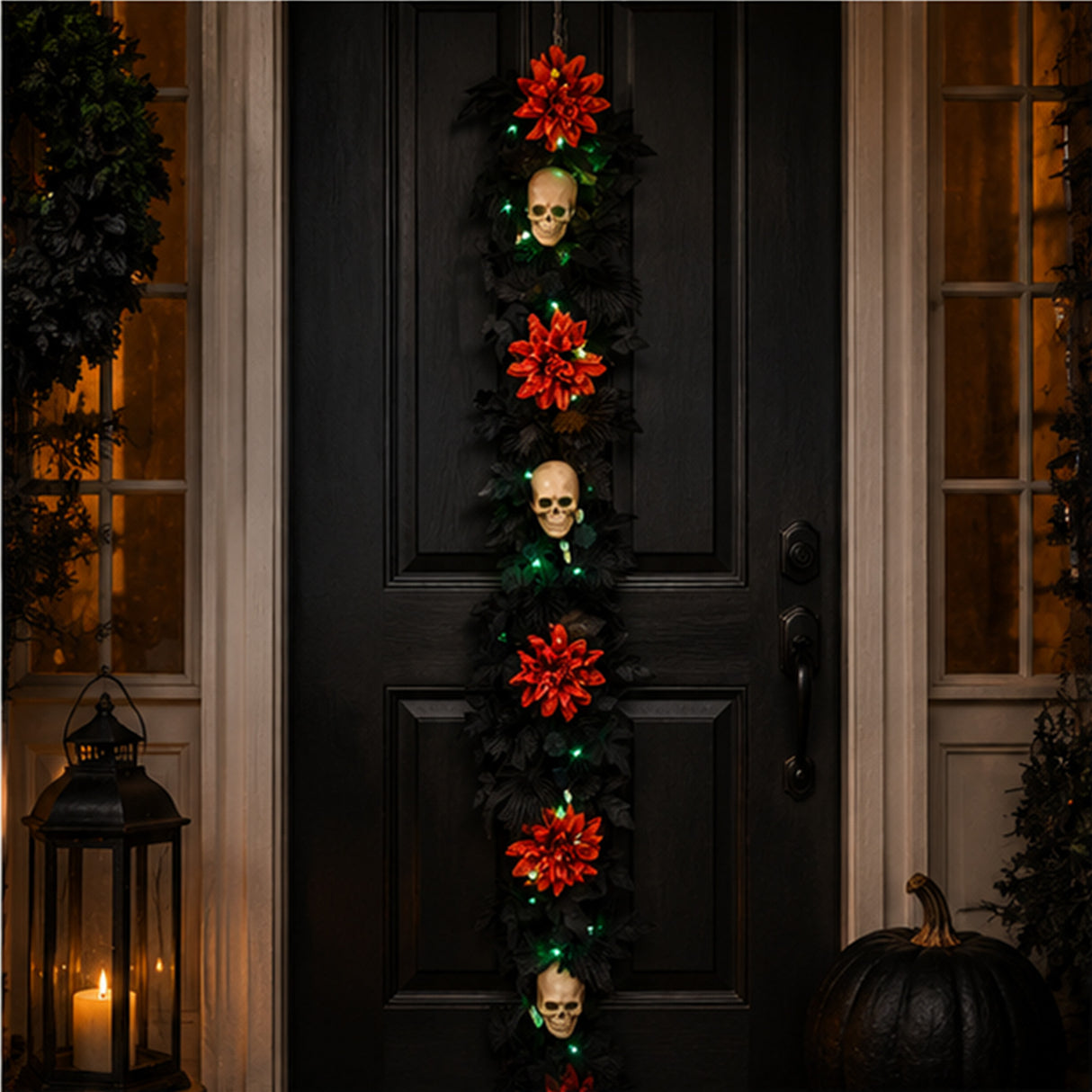 6 ft. Halloween “Boo-tiful” Garland with Orange Dahlia Flowers, White Skulls & LED Lights