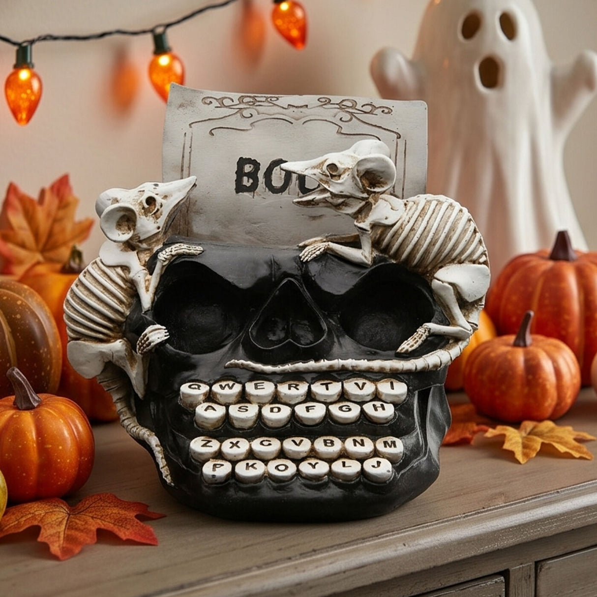 8 in Skull Typewriter with Rats Halloween Tabletop Decor